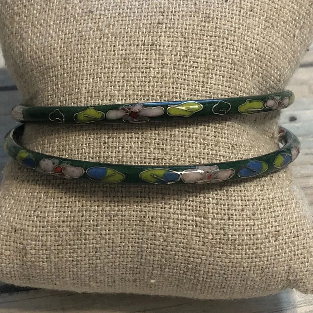 Cloisonne Set‎ of 2 Green Bangles Bracelet estate lot